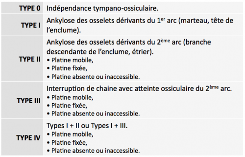 Surdité de transmission congénitale ou acquise, classification de Morisseau-Durand, 1994